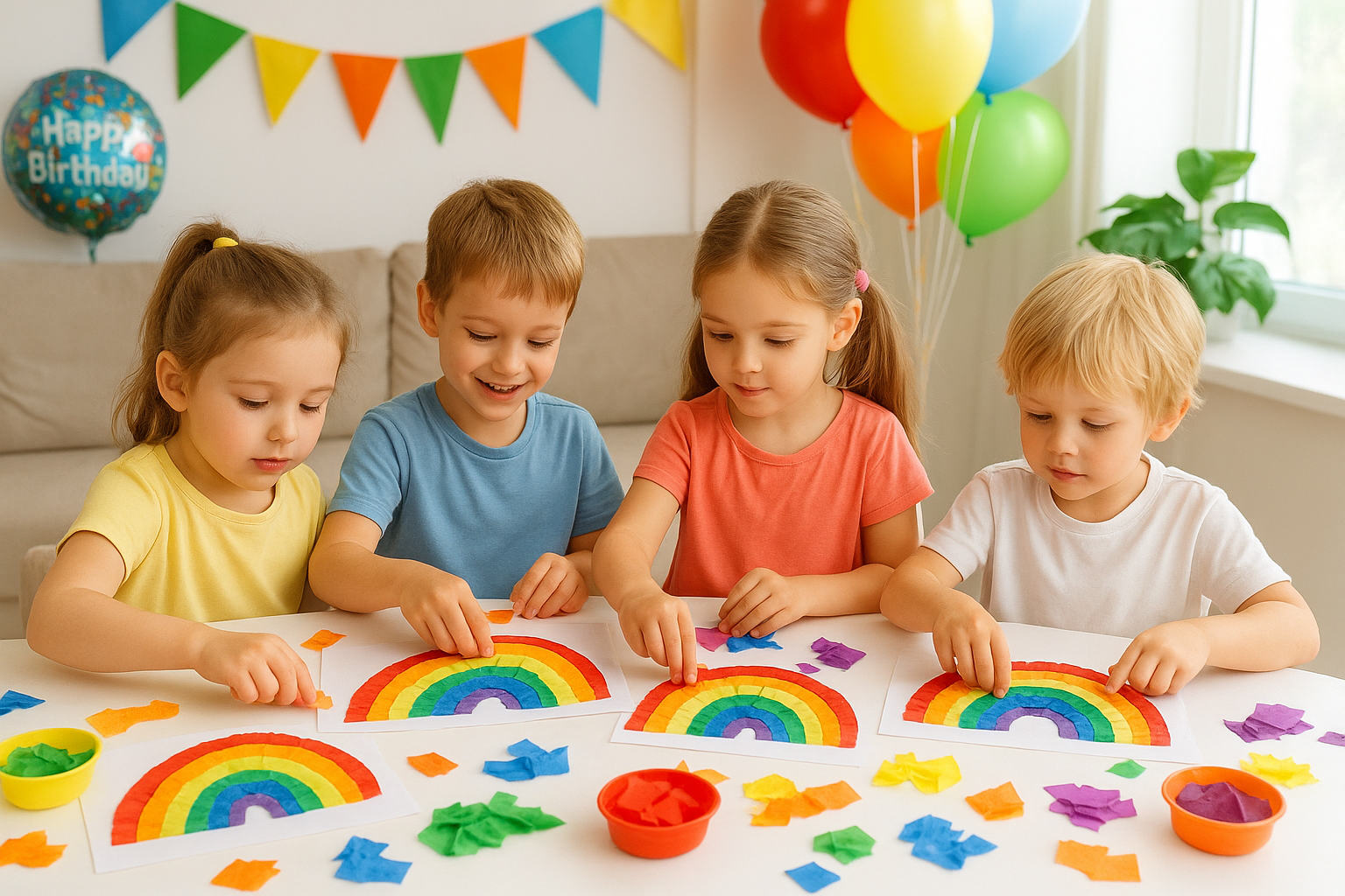 Kinder basteln bunte Regenbögen aus Seidenpapier am Geburtstagstisch