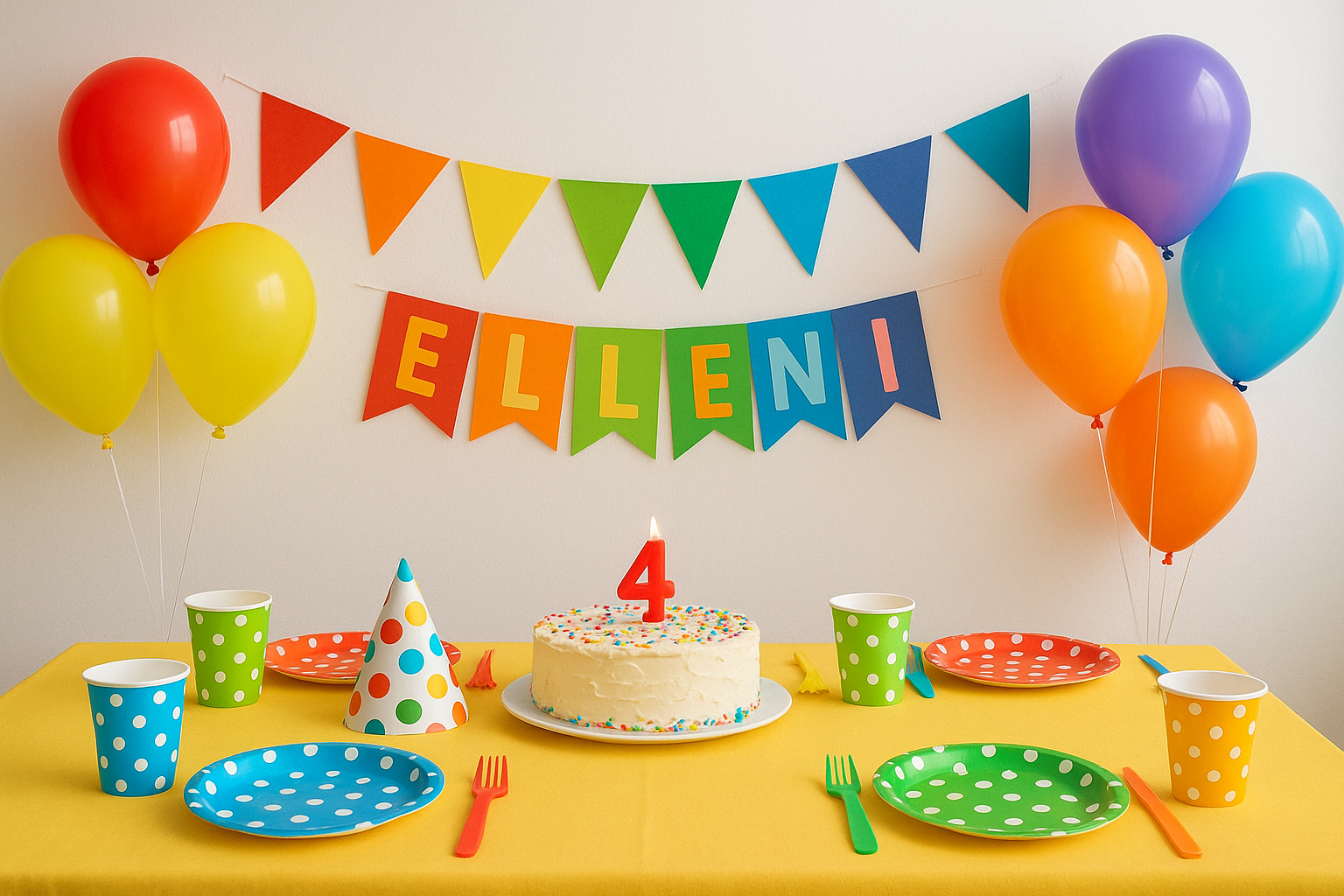 Bunte Kindergeburtstagstisch-Deko mit Papptellern, Bechern in Regenbogenfarben.