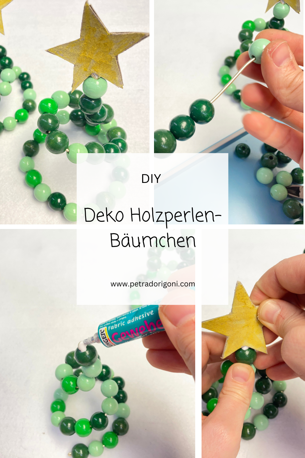 Verschiedene Bilder wie man einen DIY Holzperlen Deko Bäumchen bastelt