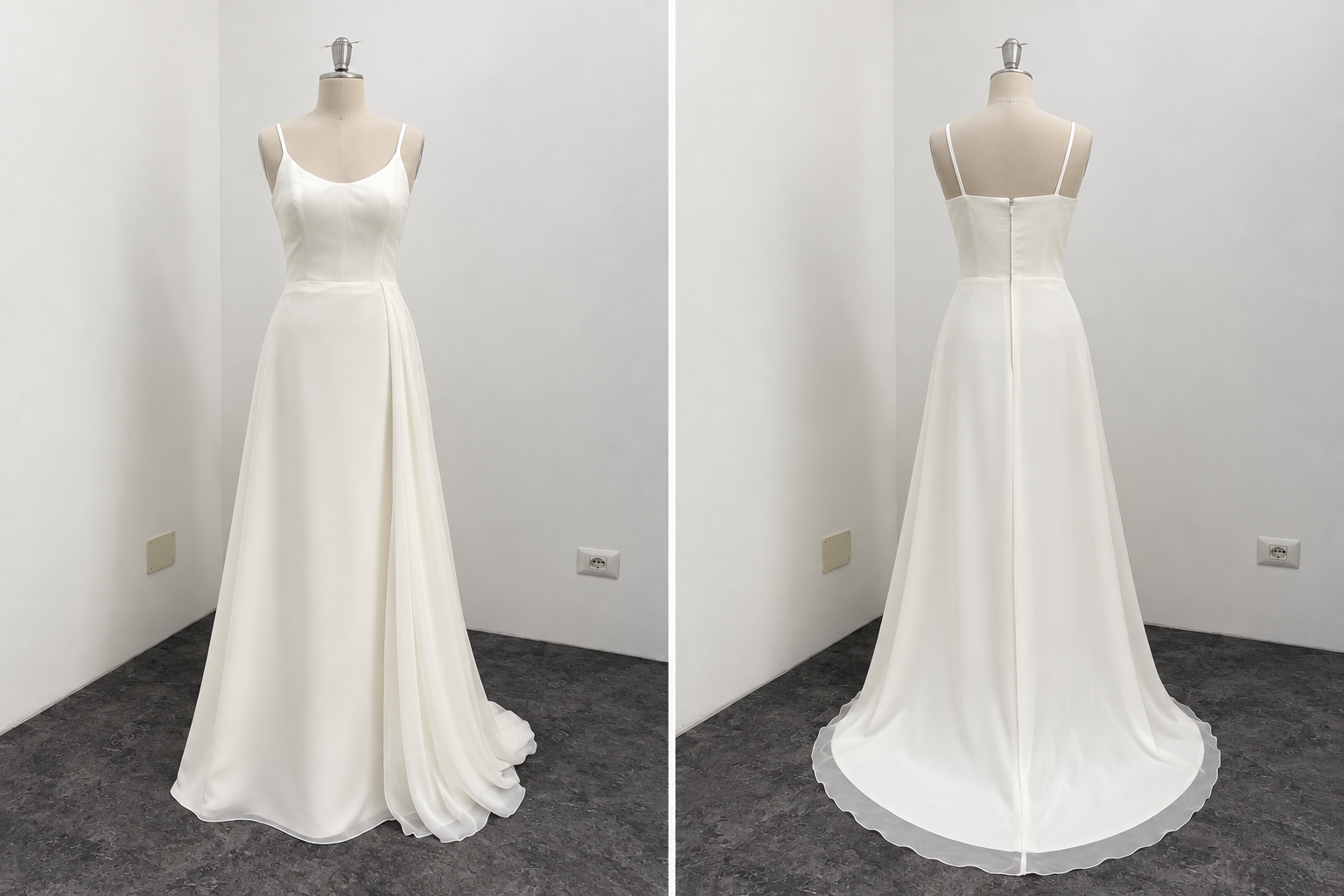 Schlichtes Brautkleid Vorder- und Hinteransicht mit Spaghettiträgern und fließendem Chiffonrock mit Schlitz
