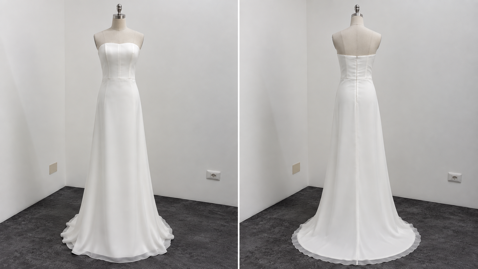 Schlichtes Brautkleid trägerlos in Vorder und Rückansicht mit schlichtem Organzarock