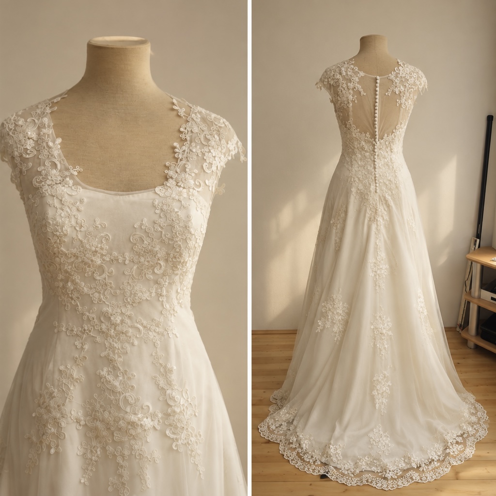 Brautkleid mit Spitzenbesetzem Oberteil mit U-Ausschnitt Vorder und Hinteransicht